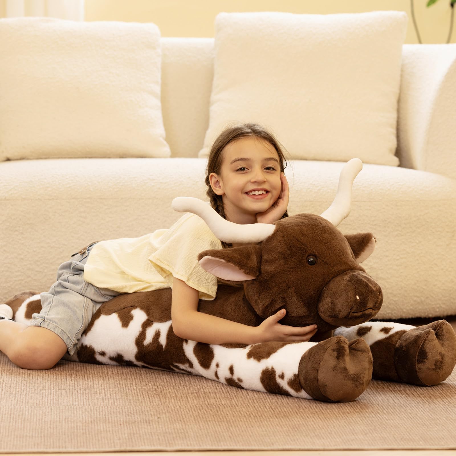KERTA 43.3 Giant Longhorn Cow Stuffed Animal, Hugging Fluffy Stuffed Cow Plush Body Pillow, Realistic Large Texas Longhorn Bull Farm Plush Toy for Boys Girls 4