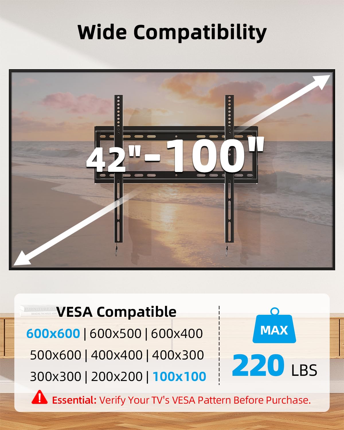HOME VISION Supporto fisso da parete per TV fino a 100", VESA max 600 x 600 mm fino a 200 kg, adatto a perni in legno da 16/18/24", staffa universale a basso profilo per TV, salvaspazio, HV8602