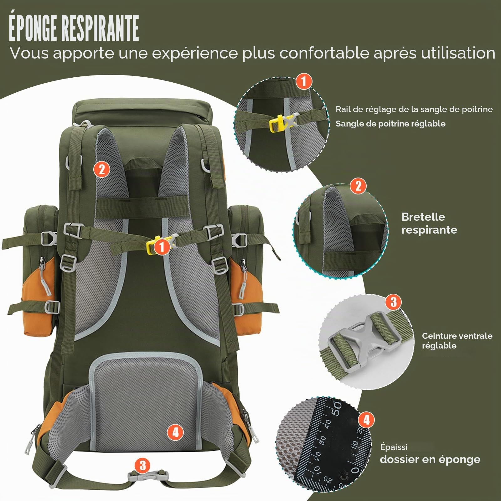 Bseash Sac à dos imperméable de 70 L (65 + 5) avec housse de pluie, sac à dos de randonnée pour sports de plein air, voyage, escalade, randonnée