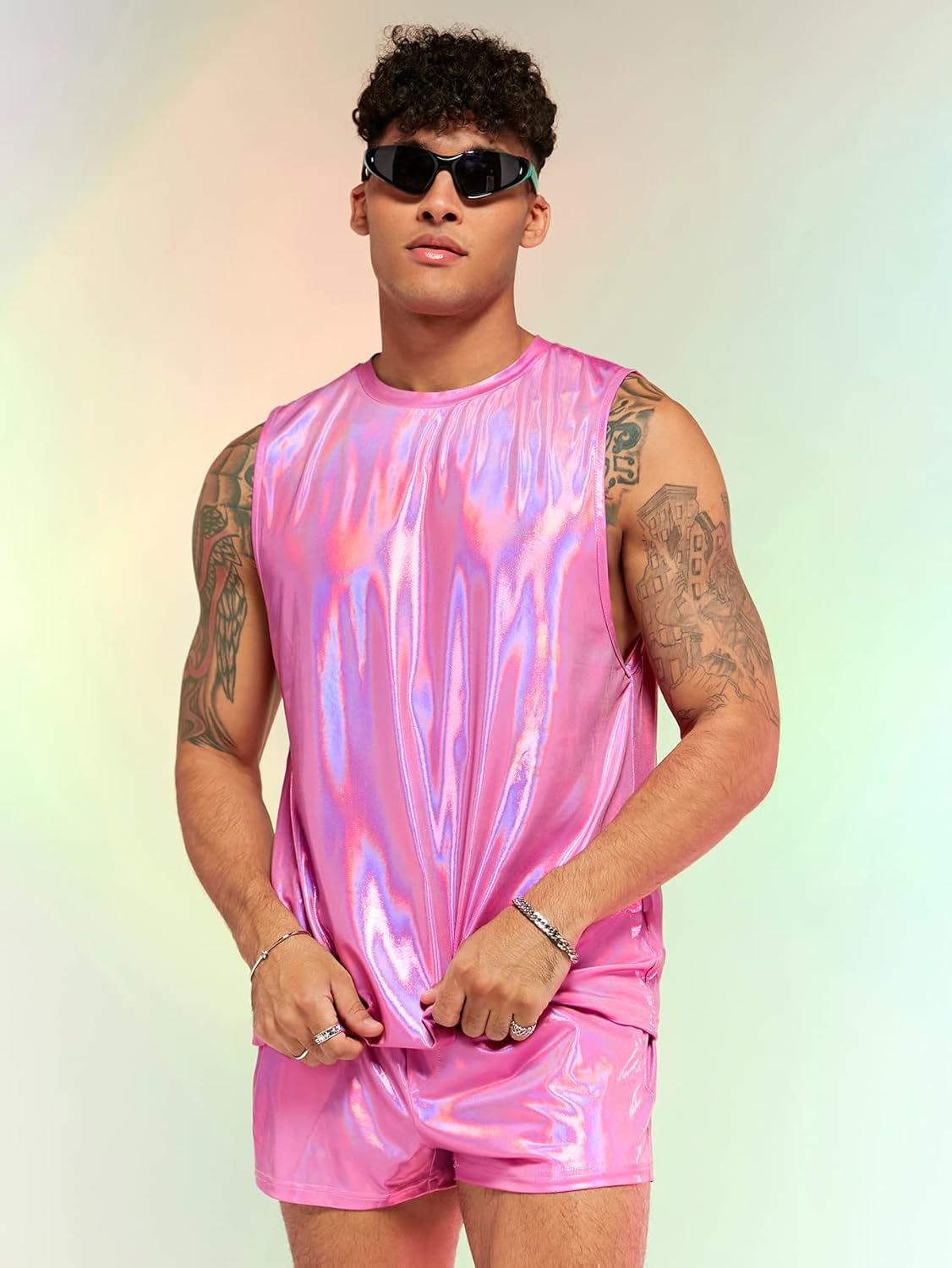 Verdusa Men's 2 Piece Metallic Outfit Sleeveless Tank Top and Short Tracksuit Sets