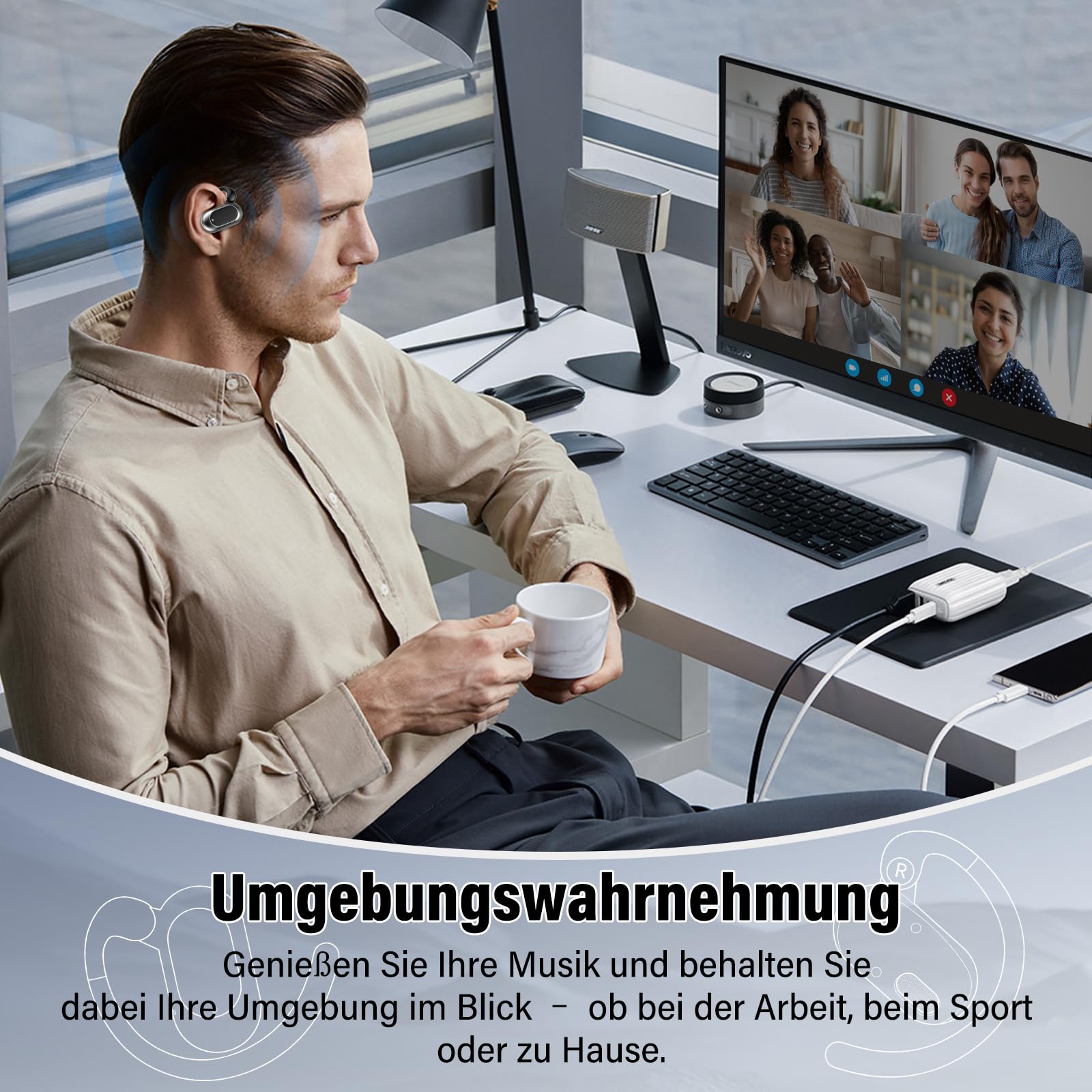 Open Ear Kopfhörer Bluetooth 5.4, 2026 Bluetooth Kopfhörer mit 14,2 mm Treiber, 36Std Ohrhörer Tiefem Bass mit 4 ENC Mic, IPX7 Wasserdicht Over-Ear Sportkopfhörer mit Ohrhaken für Laufen/Reiten/Büro
