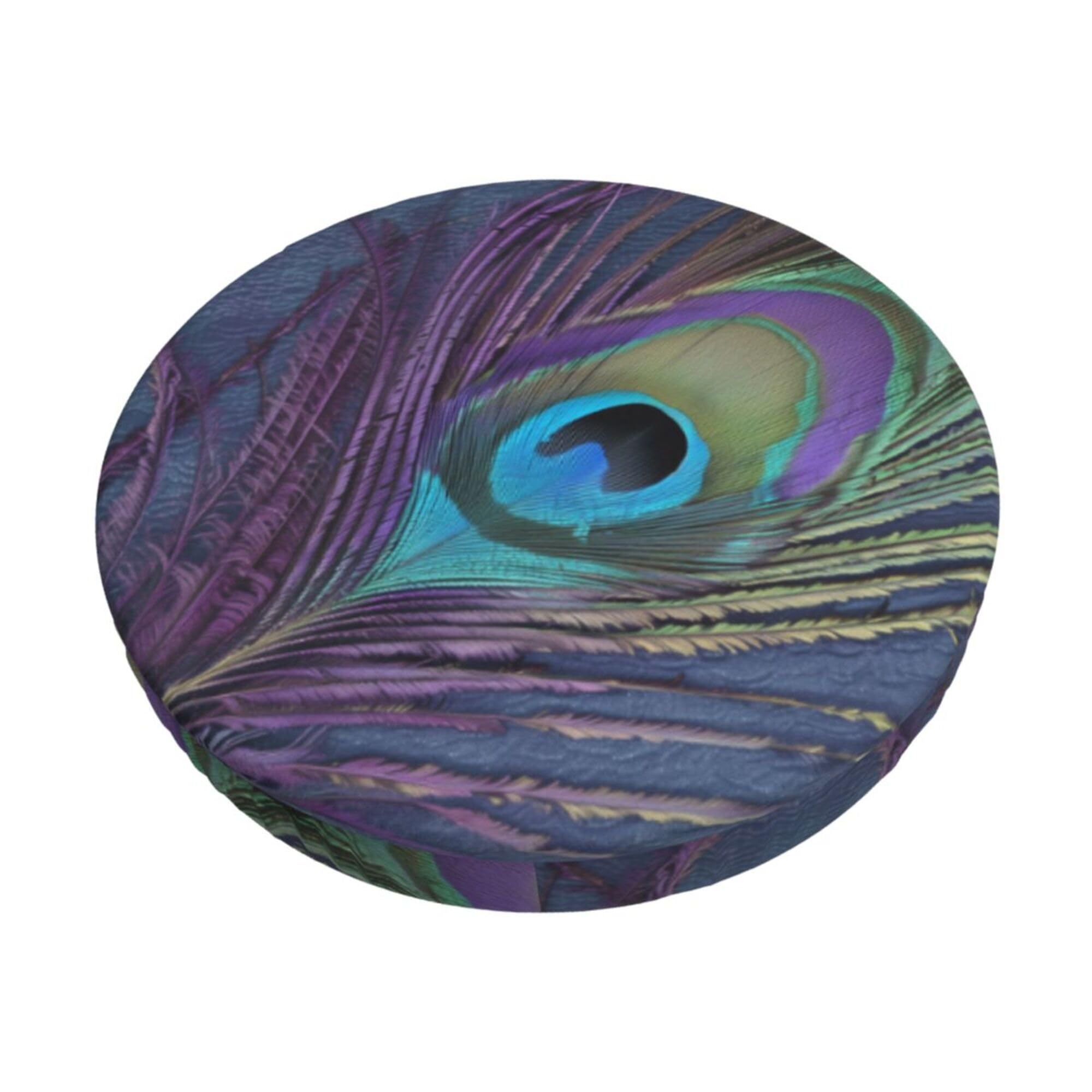 Velvet Round Stool Covers, 3 Layers Round Barstool Covers with Thin Pad, Purple Teal Peacock Feather Stool Cushion Slipcover Elastic Stool Slipcover Fit for Stool of Dia 12-14"