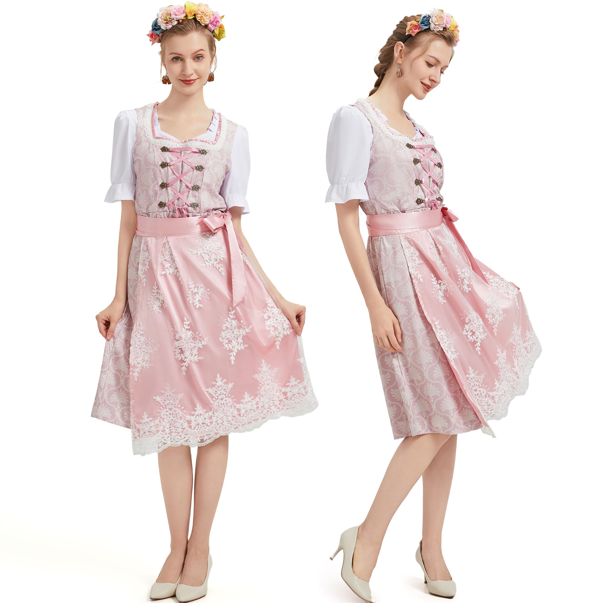 Ezuwail Dirndl Damen 5-Teilig Günstig Dirndl-komplettsets Große Größen Rosa Midi Dirndlkleid Outfit Billig Oktoberfest Dirndel Kleidung für Frauen Dirndelkleider Kostüm