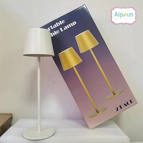 Miniatura 2 de Aipsun Paquete de 2 lámparas de mesa inalámbricas blancas de 6200 mAh, lámpara de mesa alimentada por batería, 3 temperaturas de color, regulable,