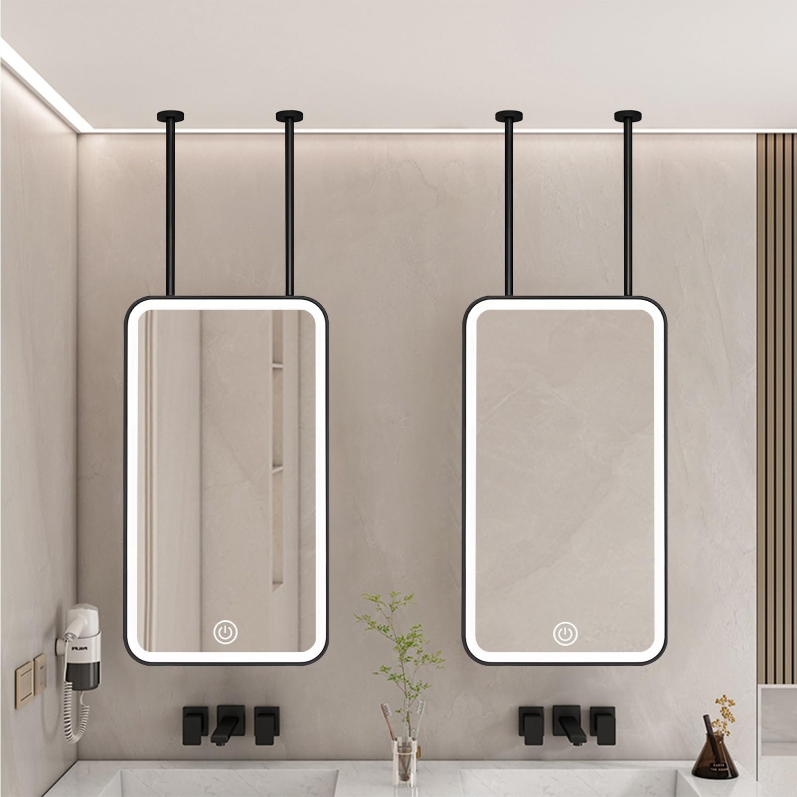 Lustro ścienne LED z czarną metalową ramą, nad umywalką wiszące lustro łazienkowe nad umywalką, regulowane ramię (50 cm x 60 cm)