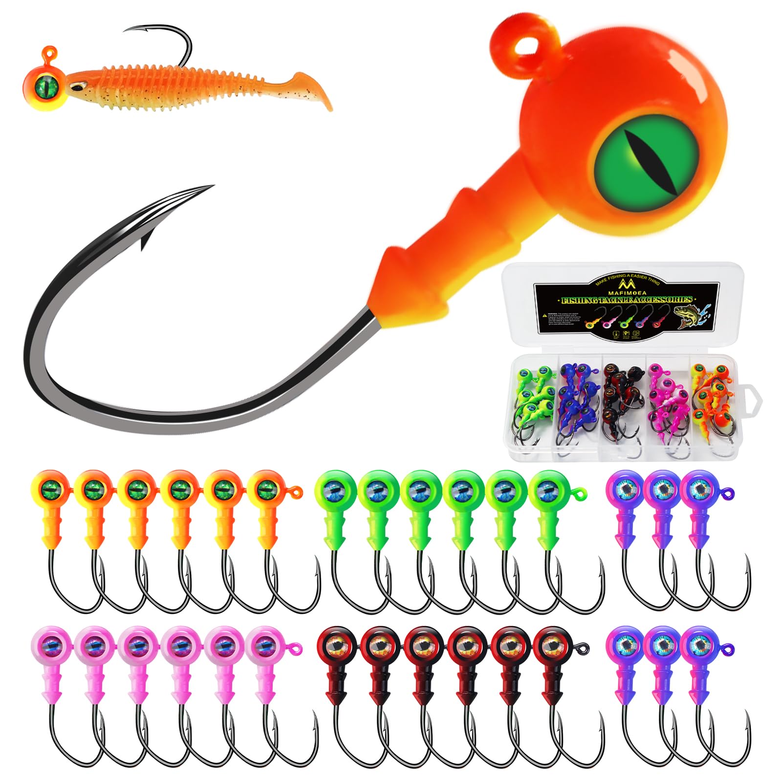 Crappie Jig Heads with 3D Eyes, 1/8oz to 3/8oz (20-40Pcs) - Sharp V-Shaped Hooks for Walleye, Bass & Panfish Fishing