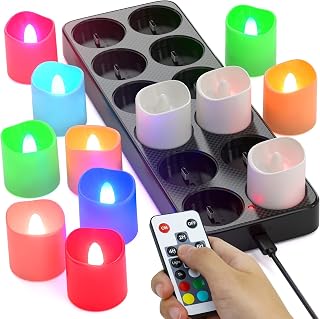 SoulBay Flameless Candles Color Changing Rechargeable, 12pcs LED Flickering Tea Lights Votives Candle with Charging Base & Remote Timer for Room Table Party Halloween Decorations, Multicolor, 1.57"