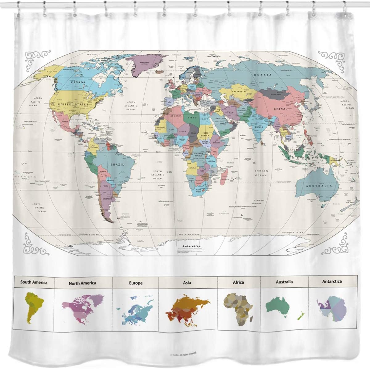 Map of The World with Detailed Major Cities. PVC Free, Non-Toxic and Odorless Water Repellent Fabric Shower Curtains - Large Home Decor Wall Map