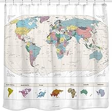Sunlit Map of The World with Detailed Major Cities. PVC Free, Non-Toxic and Odorless Water Repellent Fabric Shower Curtains - Large Home Decor Wall Map