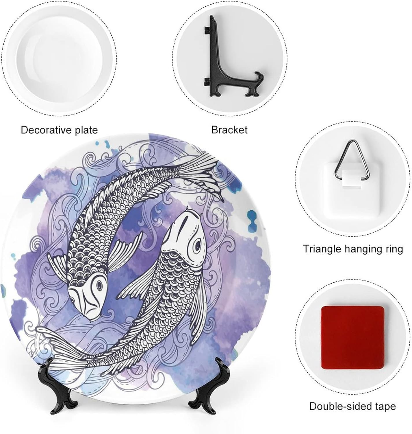 XISUNYA 6 Inch Decorative Plate, Koi Fish Round Porcelain,Sketch Art Japanese Carps on Purple Background Print Ceramic Wall Hanging for Home Office Party Dinner Table Decor