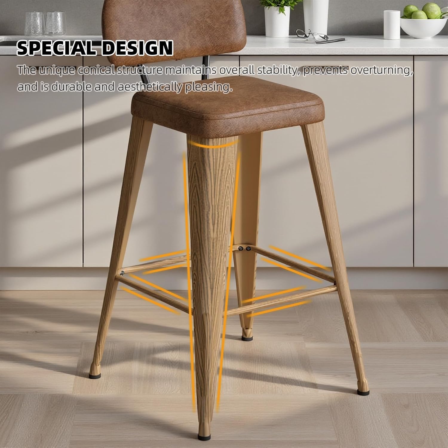 Bar Height Bar Stools Set of 4, Bar Stool with Soft Cushion Low Backrest Modern Barstools for Kitchen Island or Bar, Walnut, 30 Inch