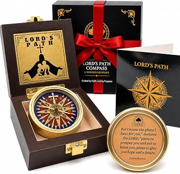Lords Path Compass - Baptism, Communion, Confirmation, Christian Gifts for Teenage Boys | Religious Gifts for Men, Graduation Inspirational Present - Greeting Card Included