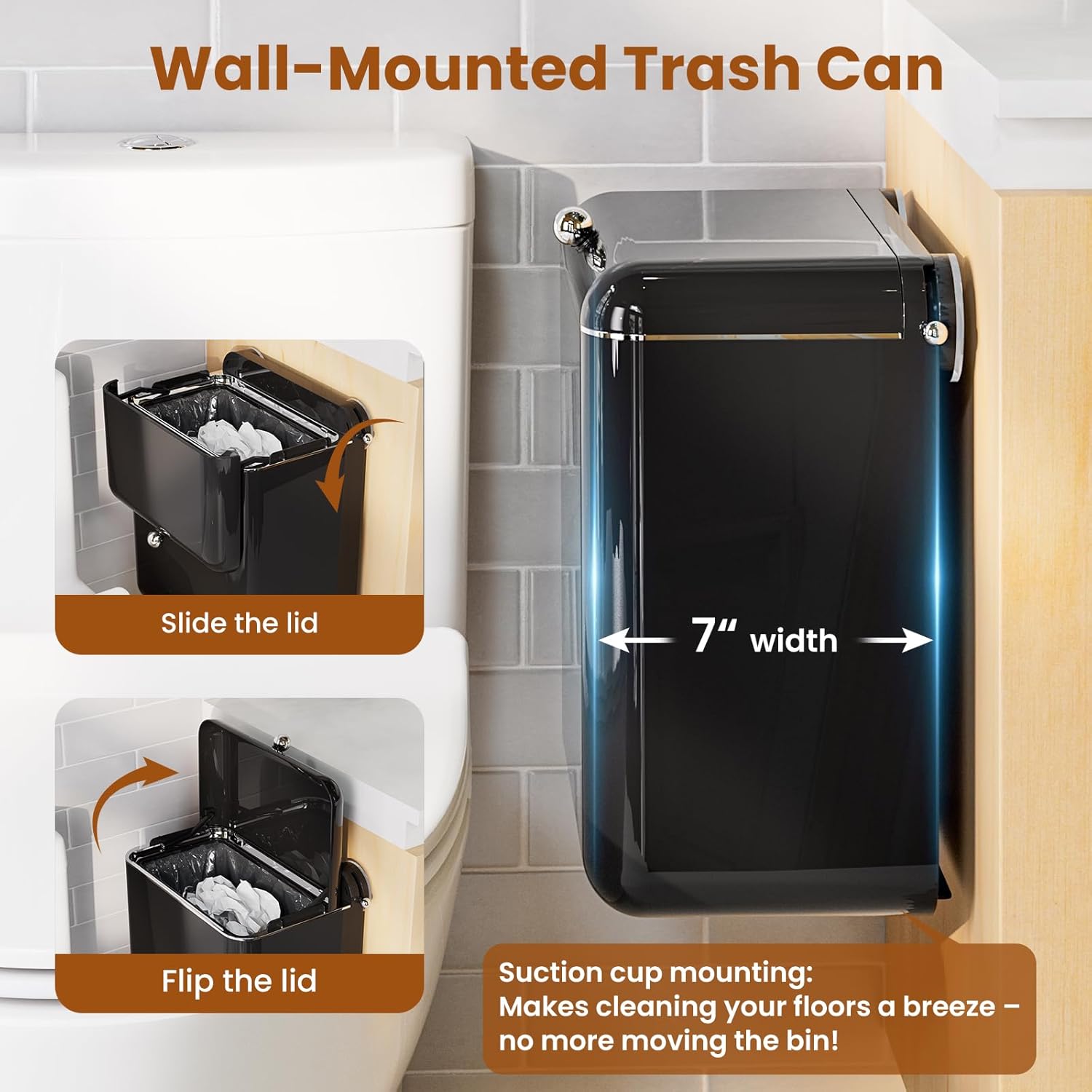 7-Piece Black Bathroom Set with Suction Wall Trash Can - Space Saving Organizer Kit with Toilet Brush, Liquid & Foam Soap Dispenser, Toothbrush Holder, Cup, Soap Dish for Bathroom Kitchen