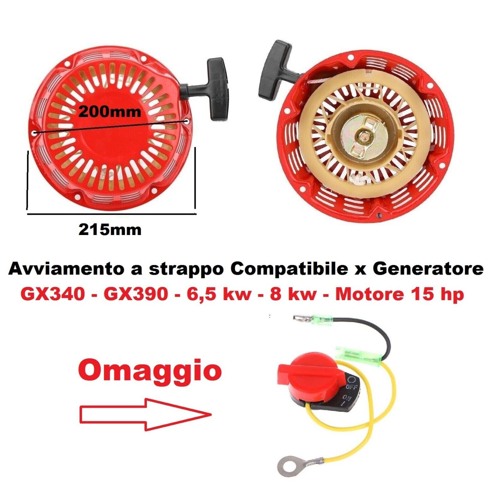 Avviamento a strappo Motopompa Compatibile per Honda GX340 - GX390-188F - 190-6,5kw - 8 kw - Motore 15 hp, Avviamento Parti di Ricambio Durevole Recoil Starter Accessori