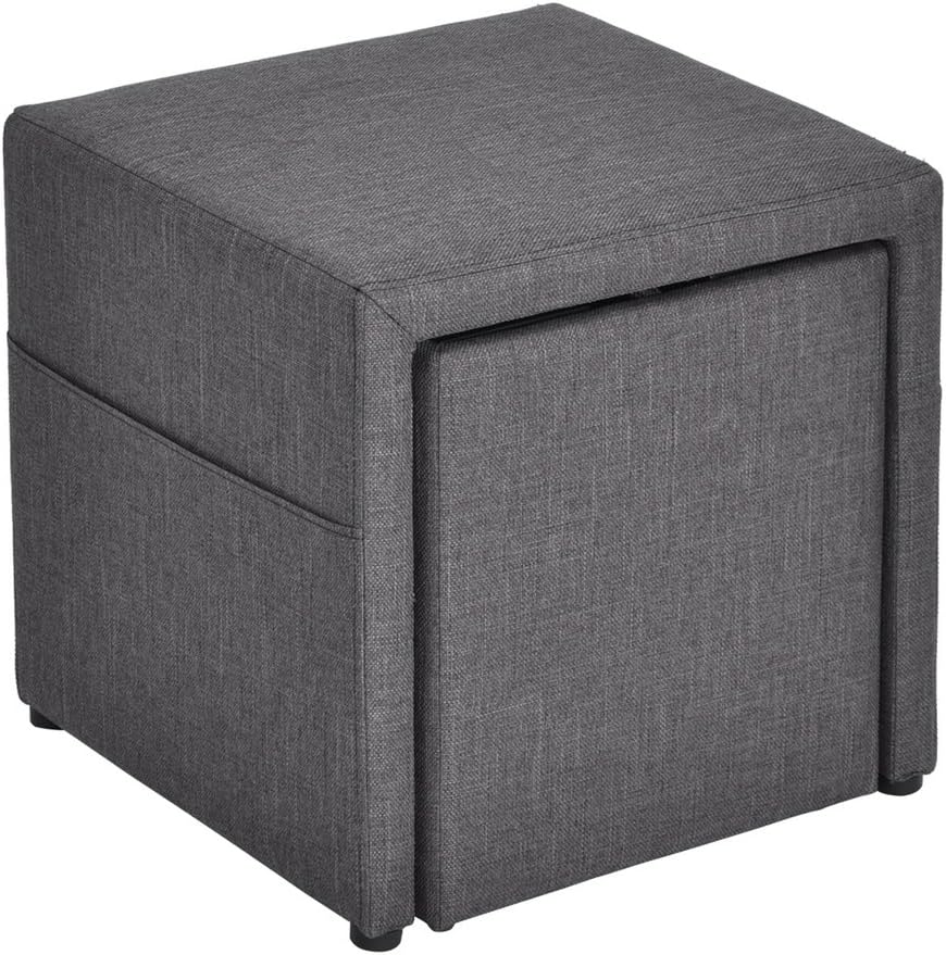HOMY CASA 17" Storage Ottoman w/Pull Out Drawer & Side Pocket - Gray Linen - Square Foot Rest Stool, Small Cube Table Ottomans