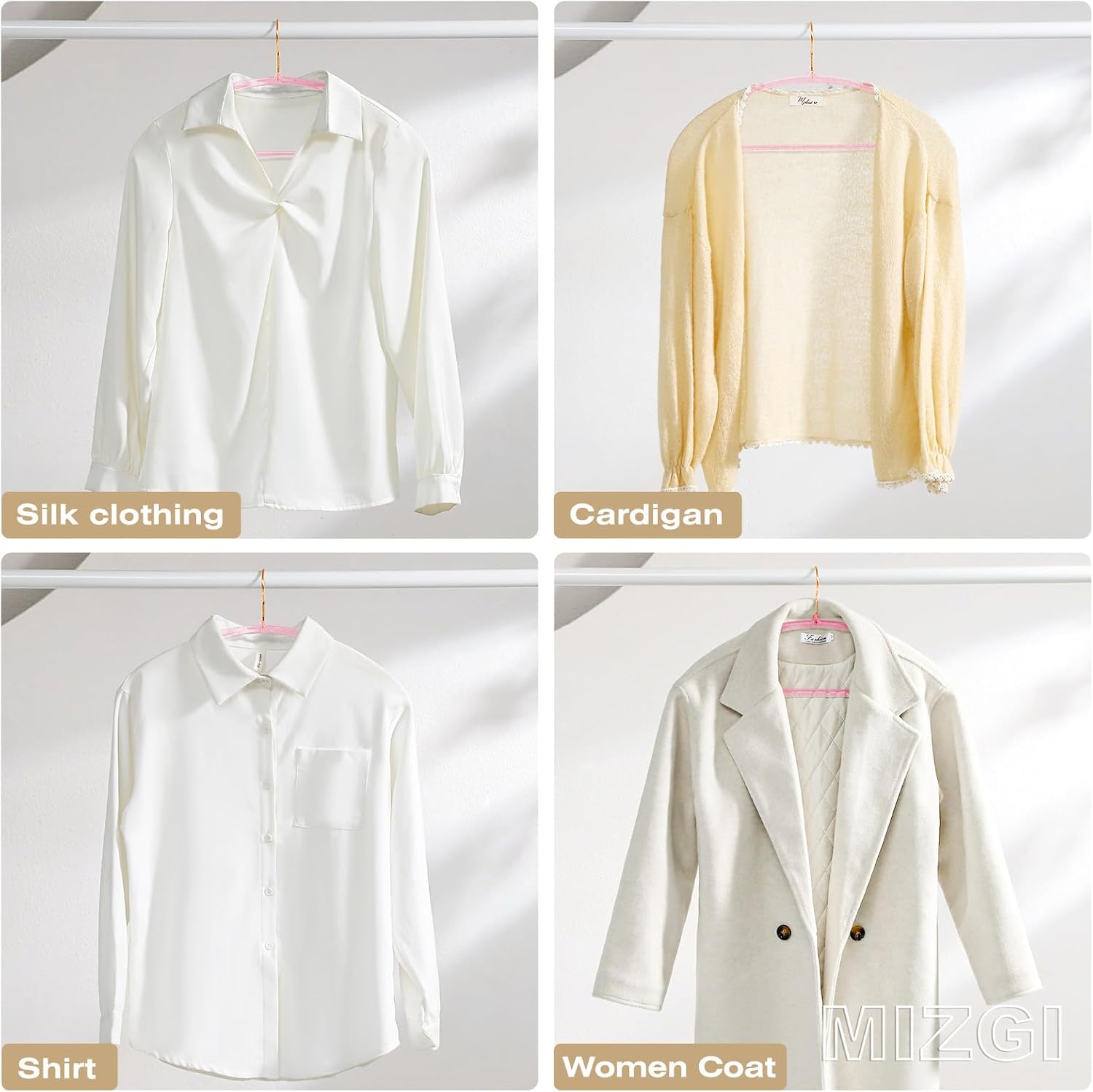 MIZGI Premium Clear Hangers (Pack of 50) Heavyduty- Pink Acrylic No Shoulder Bump Suit Hangers - Space Saving Clothes Hangers,Rounded Hanger for Coat,Sweater,Jackets,Pants - Image 6