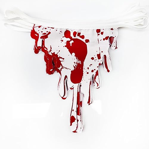 Miniatura 2 de Decoraciones de fiesta de Halloween de 30 pies, huella de mano sangrienta roja, bandera triangular, banderines de tela, serpentinas para feliz