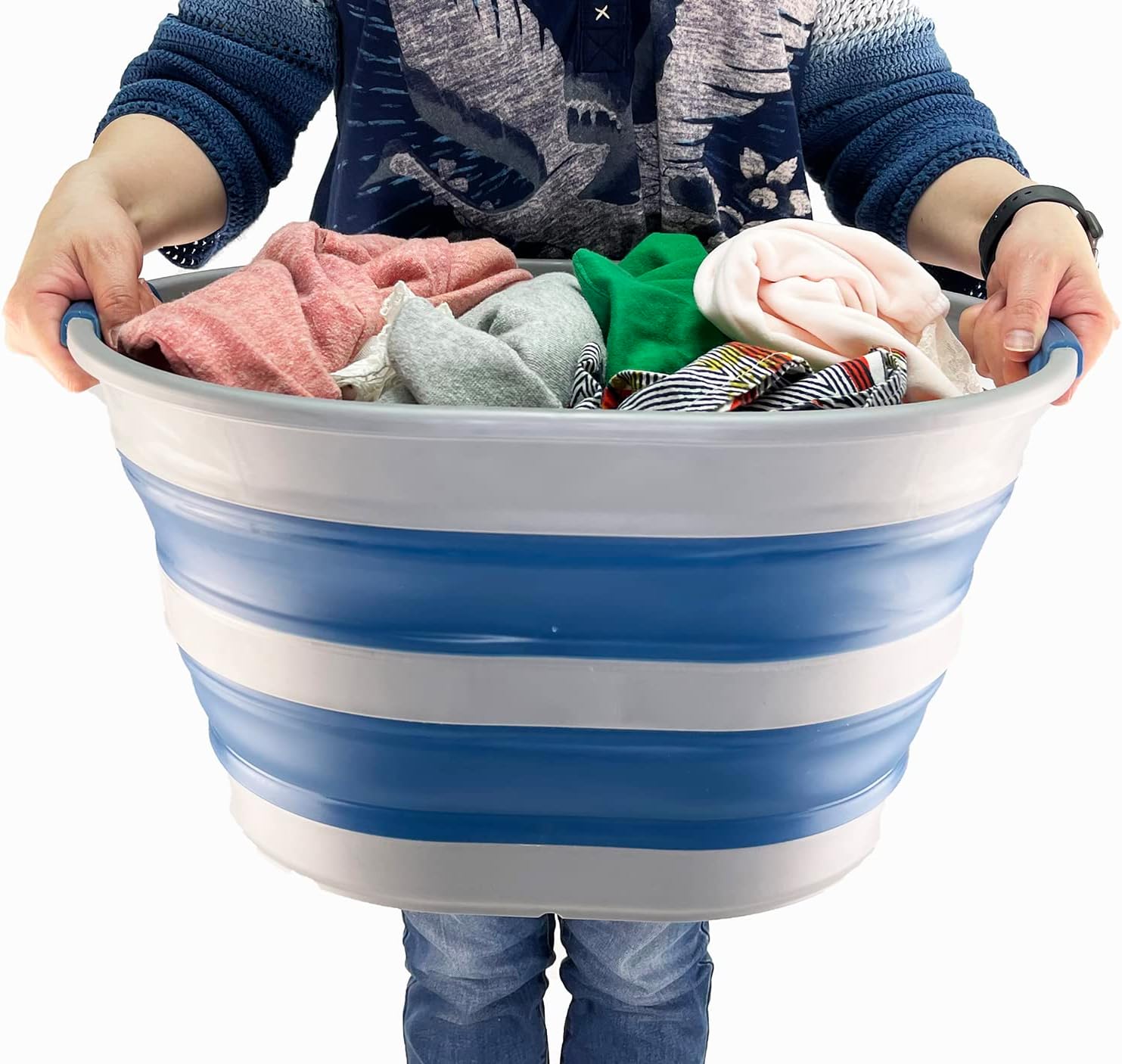 SAMMART 23L (6 Gallons) Collapsible Plastic Laundry Basket - Oval Tub - Foldable Storage Container/Organizer -Portable Washing Tub -Space Saving Laundry Hamper (Grey/Mist Blue (Set of 2))