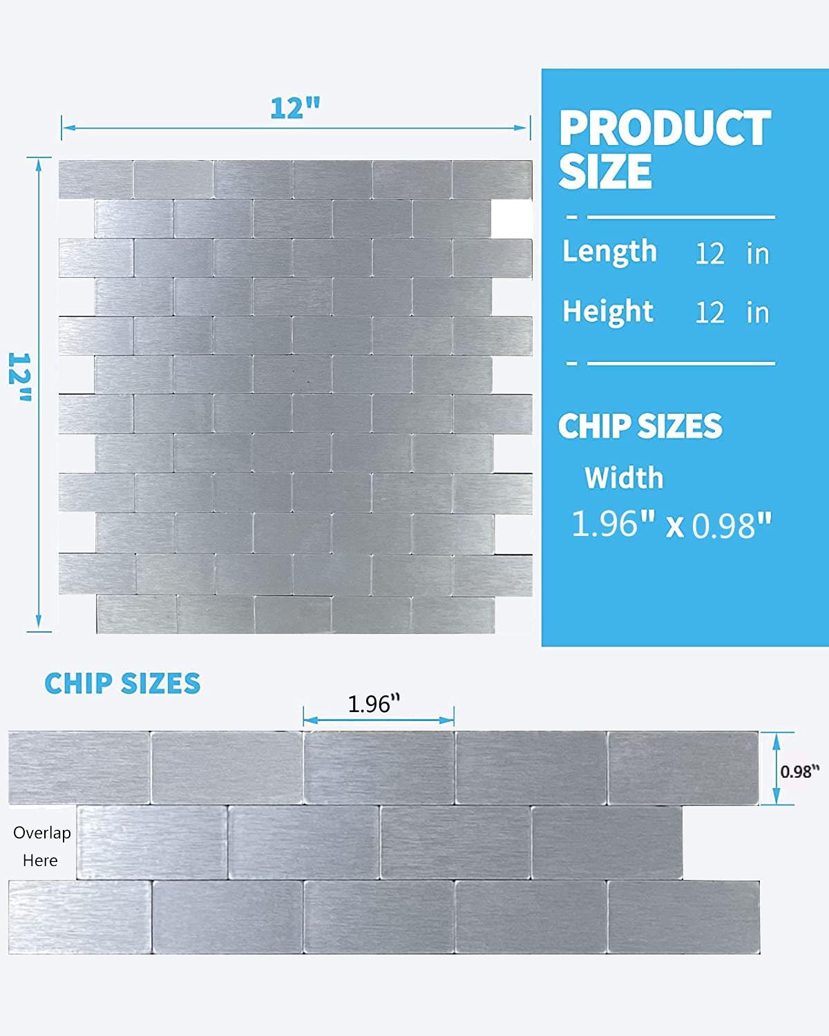 XUANINY 10-Sheet Peel and Stick Metal Backsplash Tiles, Self Adhesive Brushed Aluminum Subway 3D Wall Sticker for Kitchen Bathroom (12"x11.02") (10, Silver Brushed)