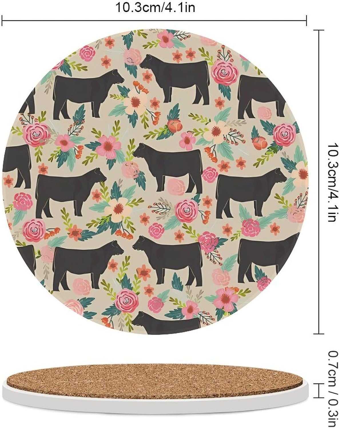 6PCS Flower Show Steer Cows Cattle Coasters Non-Slip Round Drink Coasters with Ceramic Stone and Cork Base, Heat Resistant Absorbent 33.00Stone Coaster Set for Kinds of Mugs and Cups, 4 Inch