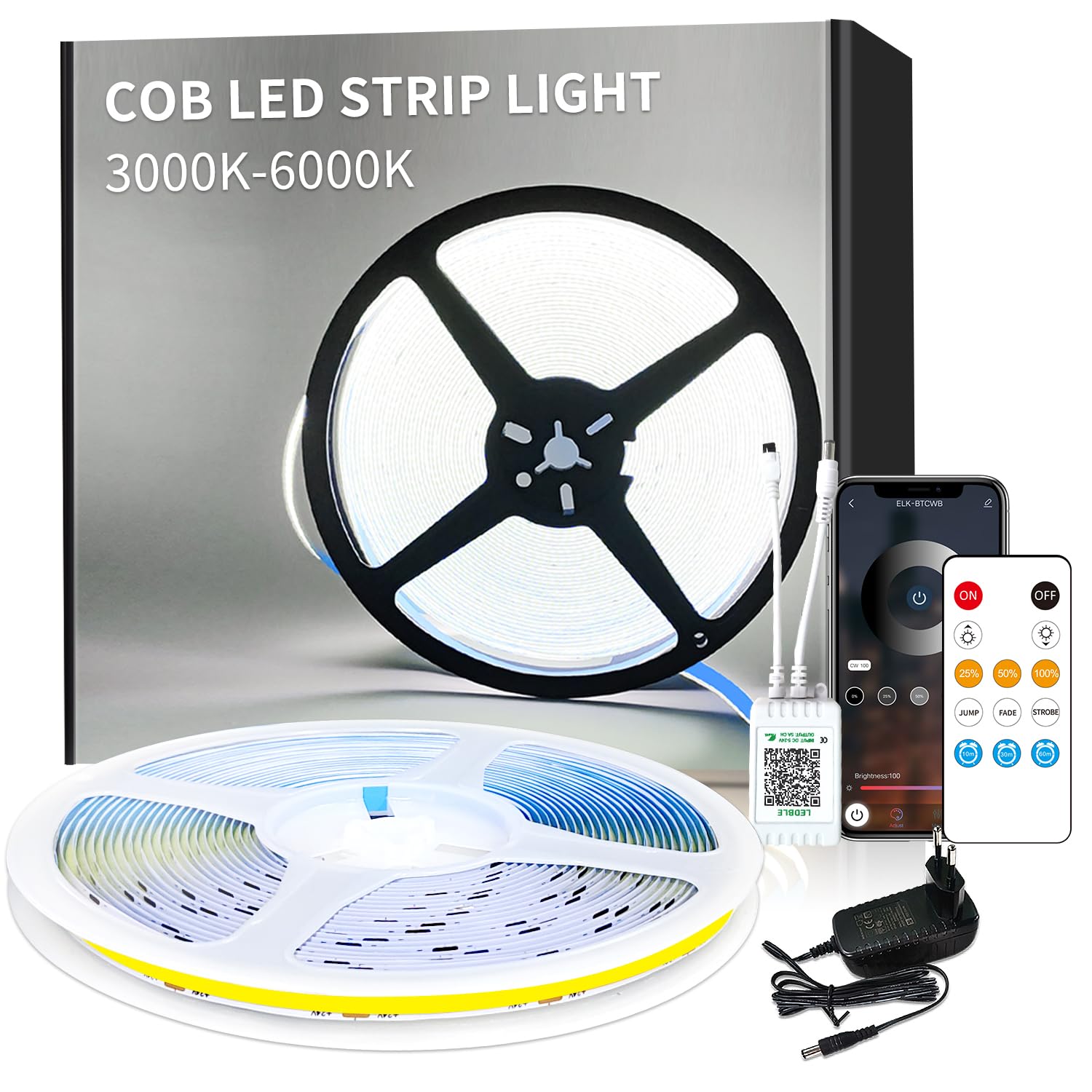 Yeewhale COB LED Strip 6000K Weiß,App Steuerung mit Fernbedienung 20m Dimmable 24 V Flexible COB led streifen Set Bright Under-Unit Light for Home Party DIY Decoration