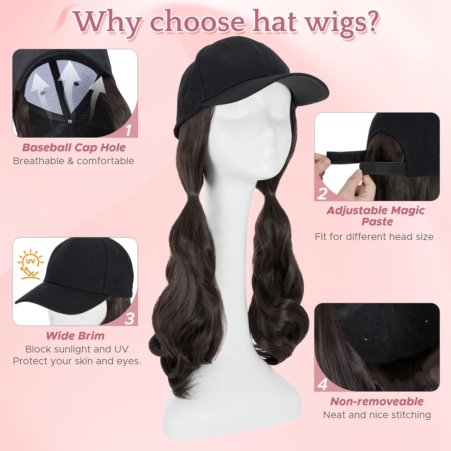 SEGO Hat Wig, Hat with Hair Attached for Women Black Baseball Cap with Hair Extensions, Long Wavy Baseball Cap Wig Adjustable Hats for Daily Party 16 Inch #4A Black Brown