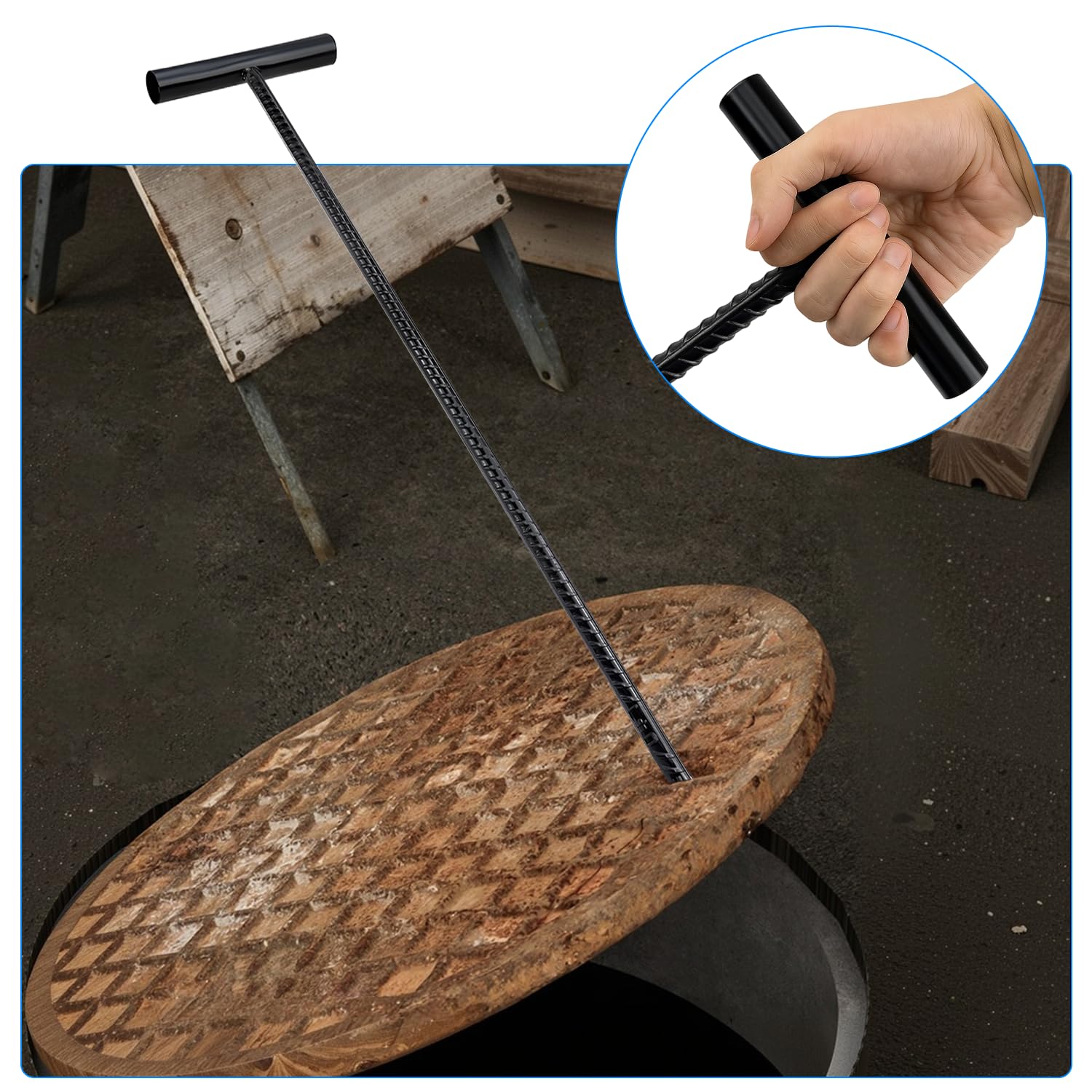 2 Stücke 42cm Kanaldeckelheber, Kanalhaken Schachthaken Gullihaken Schachtdeckelhaken Kanaldeckelheber Haken mit Gewinde für Kanaldeckel