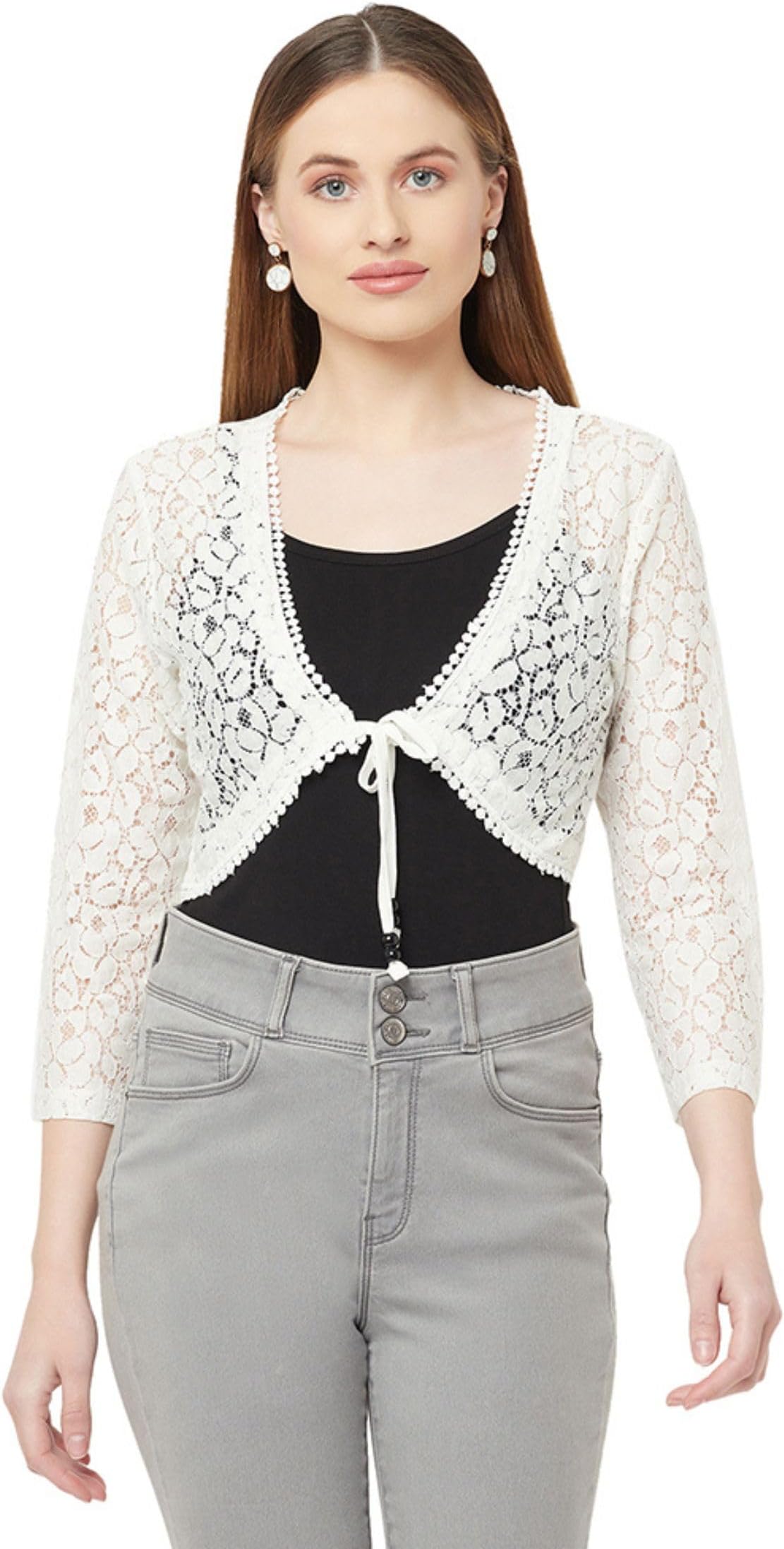 ESPRESSOWomen Designer Lace Front Tie Up Short Shrug/Cardigan (Regular and Plus Size)