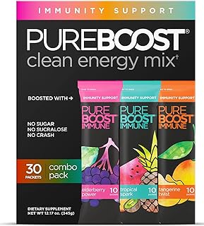 Pureboost Immune Clean Energy Booster, Refreshing Energy Drink Mix and Immunity Supplement with Elderberry, 1,200 mg Vitamin C, Vitamins A + D, and Zinc. Sugar-Free (Combo Pack, 30 Count)