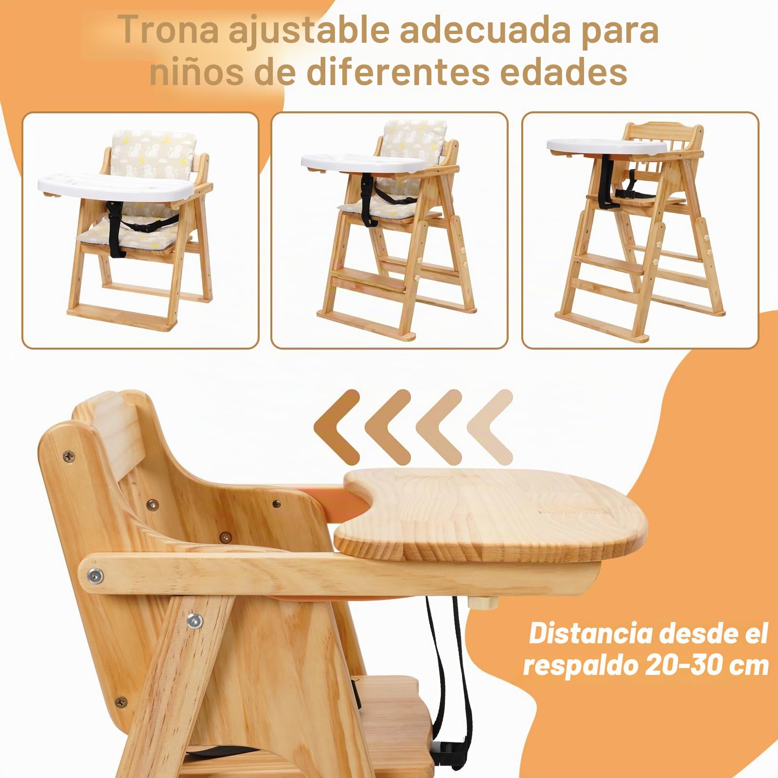 Trona bebé de Madera 4 en 1, Silla de Bebé para Comer con Altura Ajustable, Bandeja Desmontable, Asiento con Cinturón 3 Puntos, De 6 meses a 10 años, Madera natural