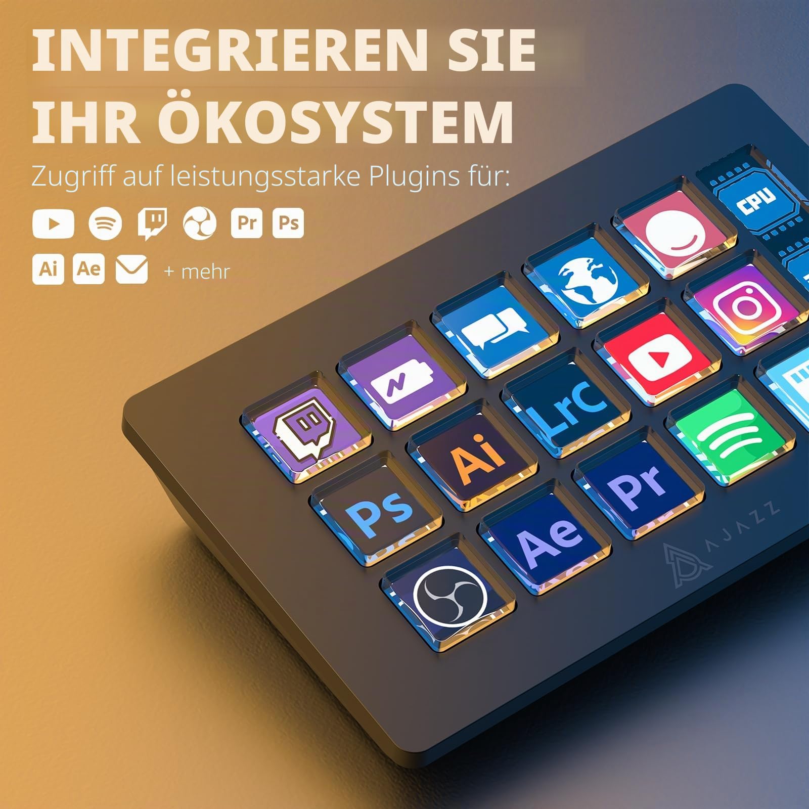 A.JAZZ AKP153 Stream-Studio-Controller, Stream-Deck-Typ-C, kabelgebunden, mit 15 Makro-LCD-Tasten, 1 seitlichem Bildschirm, abnehmbarer Ständer für Multi-Aktionen, ausgelöst in Win, Mac, Twitter
