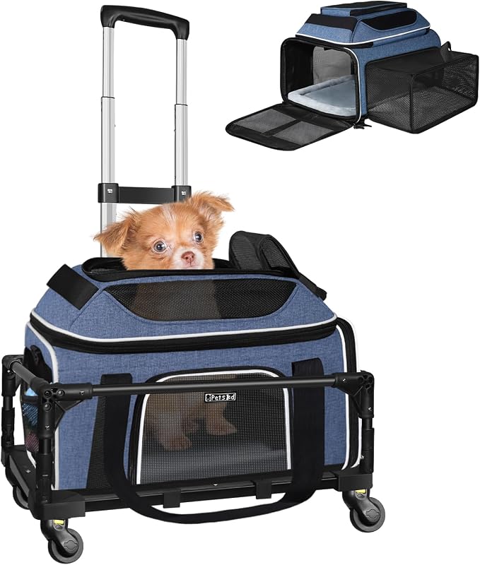 Caixa de Transporte para Gatos Pequenos com Rodas e Expansão Superior e Lateral Petskd KDB012-Blue-S-Roll
