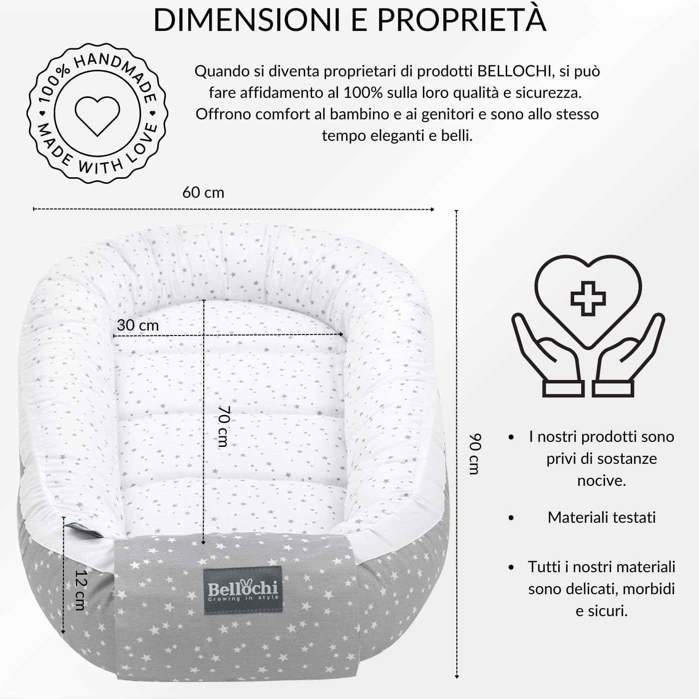Bellochi Riduttore Lettino per Neonato, Riduttore per Culla - Antisoffoco, 100% Cotone - Cuscino Riduttore, Cocoon a Baby, Baby Nest - 90 x 60 cm - Polaris