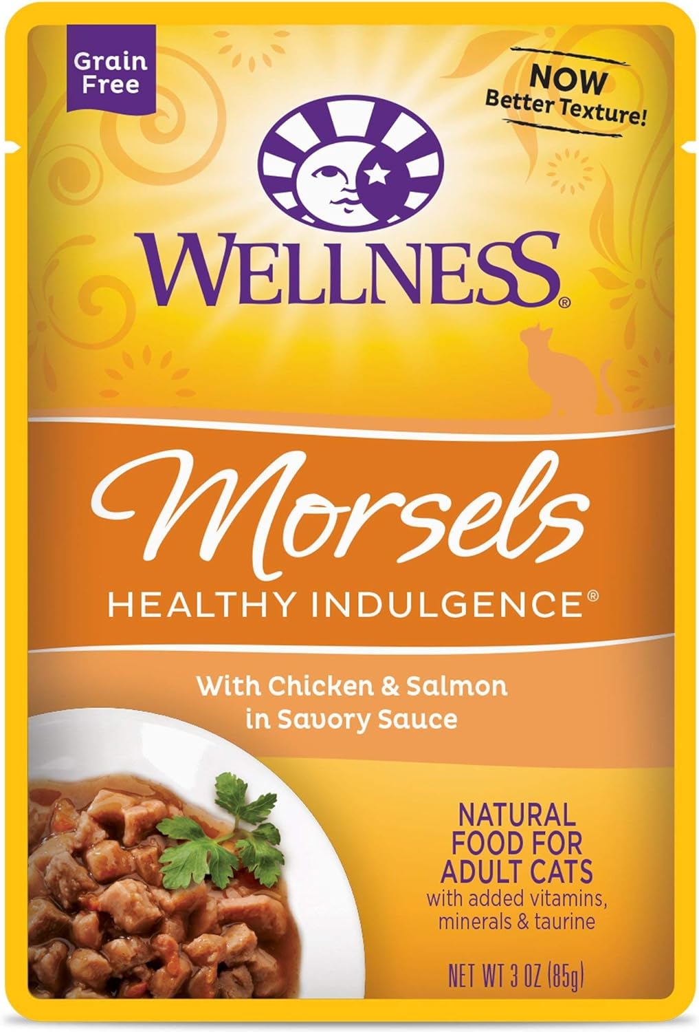 Wellness Healthy Indulgence Natural Grain Free Morsels with Chicken & Salmon in Savory Sauce Wet Cat Food, 3 oz., Case of 12