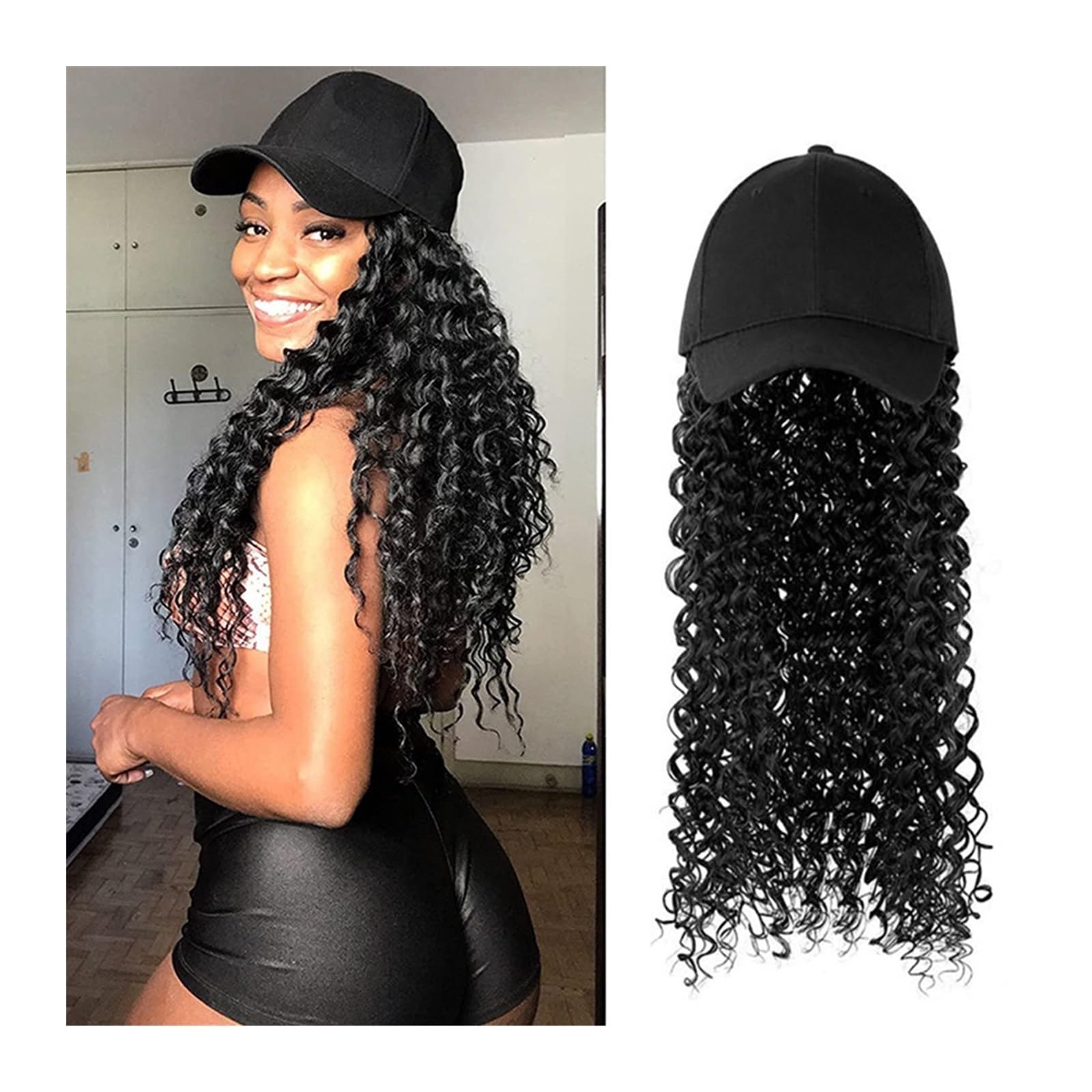 Wig Cap Sombrero de pelo sintético rizado Peluca Pelucas negras largas Conectar con gorra béisbol Sombreros peluca for mujeres(2)