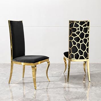 Set of 2 Velvet Dining Chairs, Modern Kitchen Chairs with Mirror Gold Legs, Luxury Unique Backrest Dining Room Stools, Easy to Install, High Back
