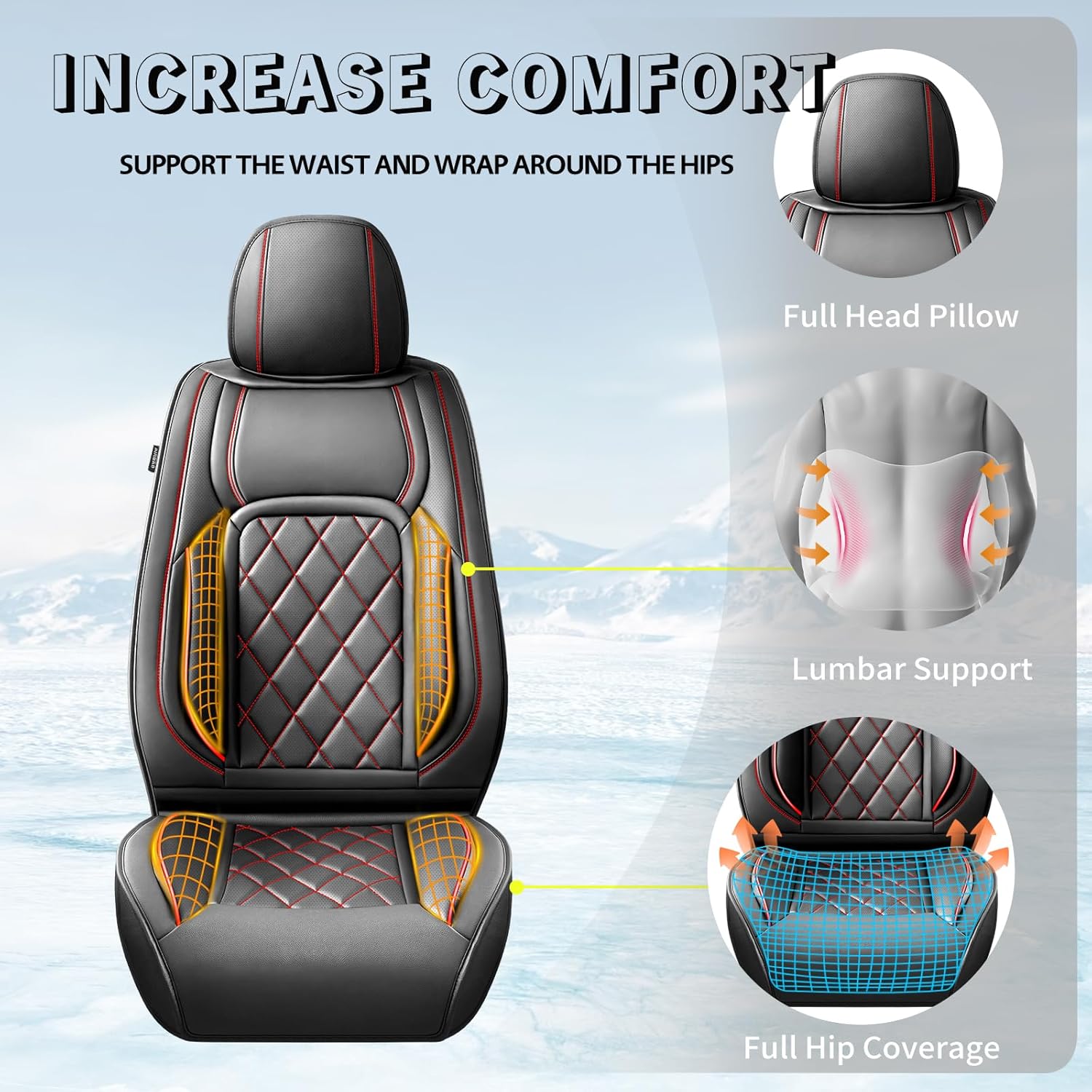 Fit Stelvio Premium Leather Car Seat Covers for Alfa Romeo Stelvio 2018-2024 2025 - Waterproof，Breathable，All-Weather Seat Cushion Protecto & Airbag Compatible, 2 Front Seat Red Line Black