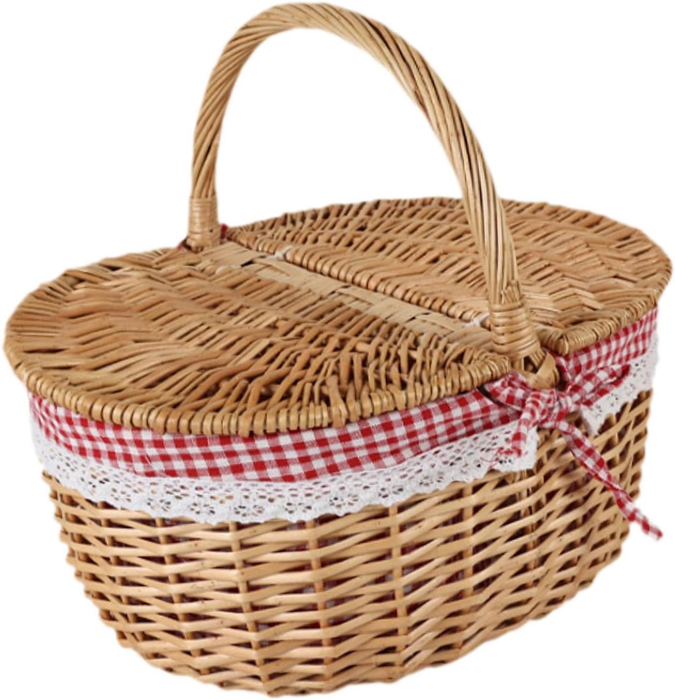 枝編み細工品ピクニックバスケット 蓋とハンドル付き 小型収納バスケット 食品保管用 ベージュグレー レッド ホワイト L