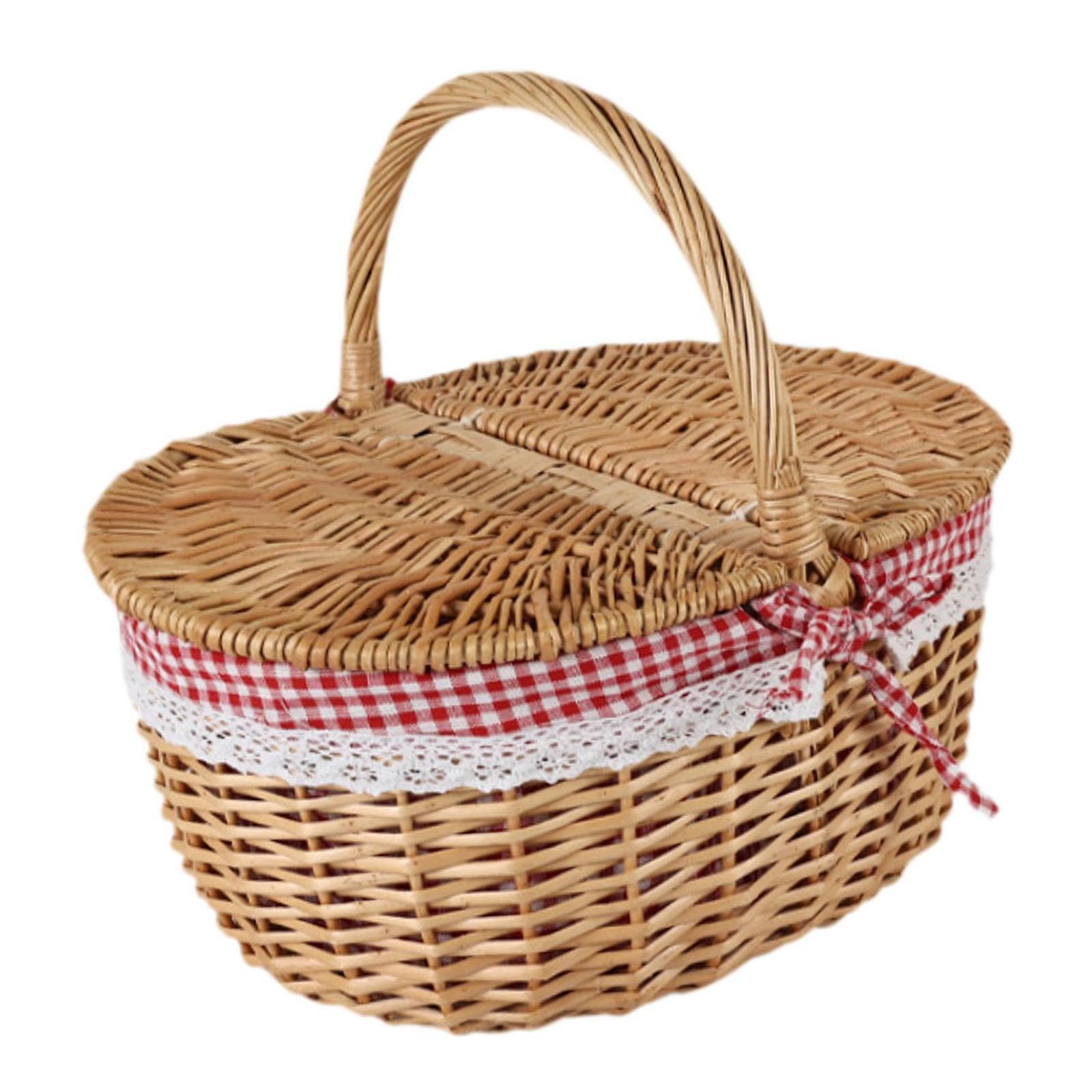 Cesta Picnic de Mimbre Cesta con Tapa Forro Removible Asa Manual Recomendada para Picnic Almacenamiento Obsequios Fotografía Juguetes, Rojo, Grande