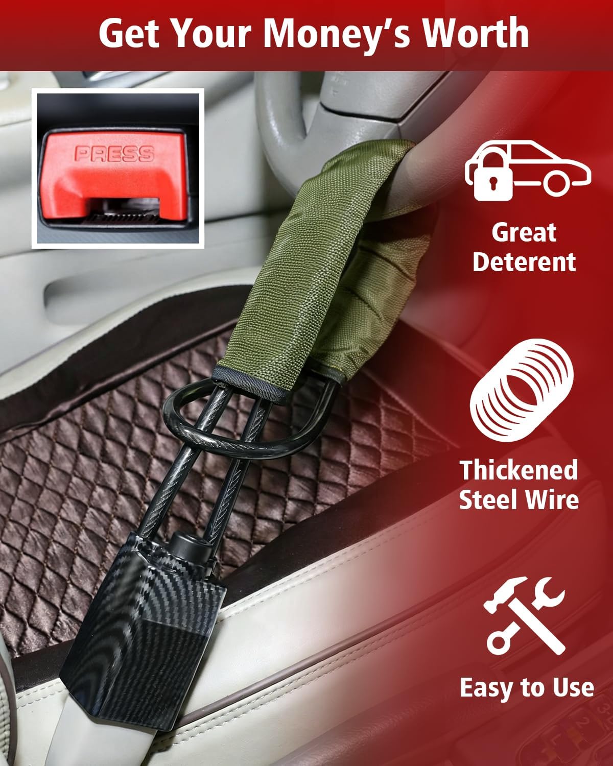 Upgraded Steering Wheel Lock, Seatbelt Lock, Universal Anti-Theft Device, Car Lock, Anti-Theft Device with 3 Keys (1, Military Green)