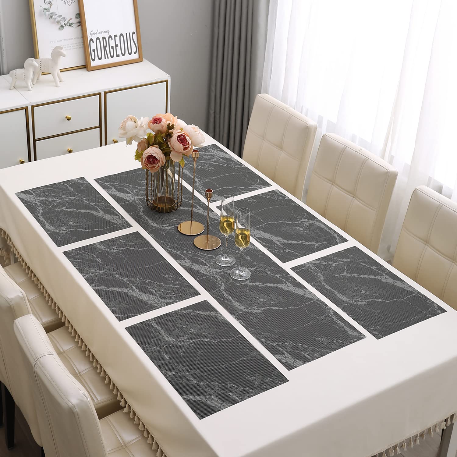hokipo pvc set of 6 mats for dining table with runner (ar4216), black
