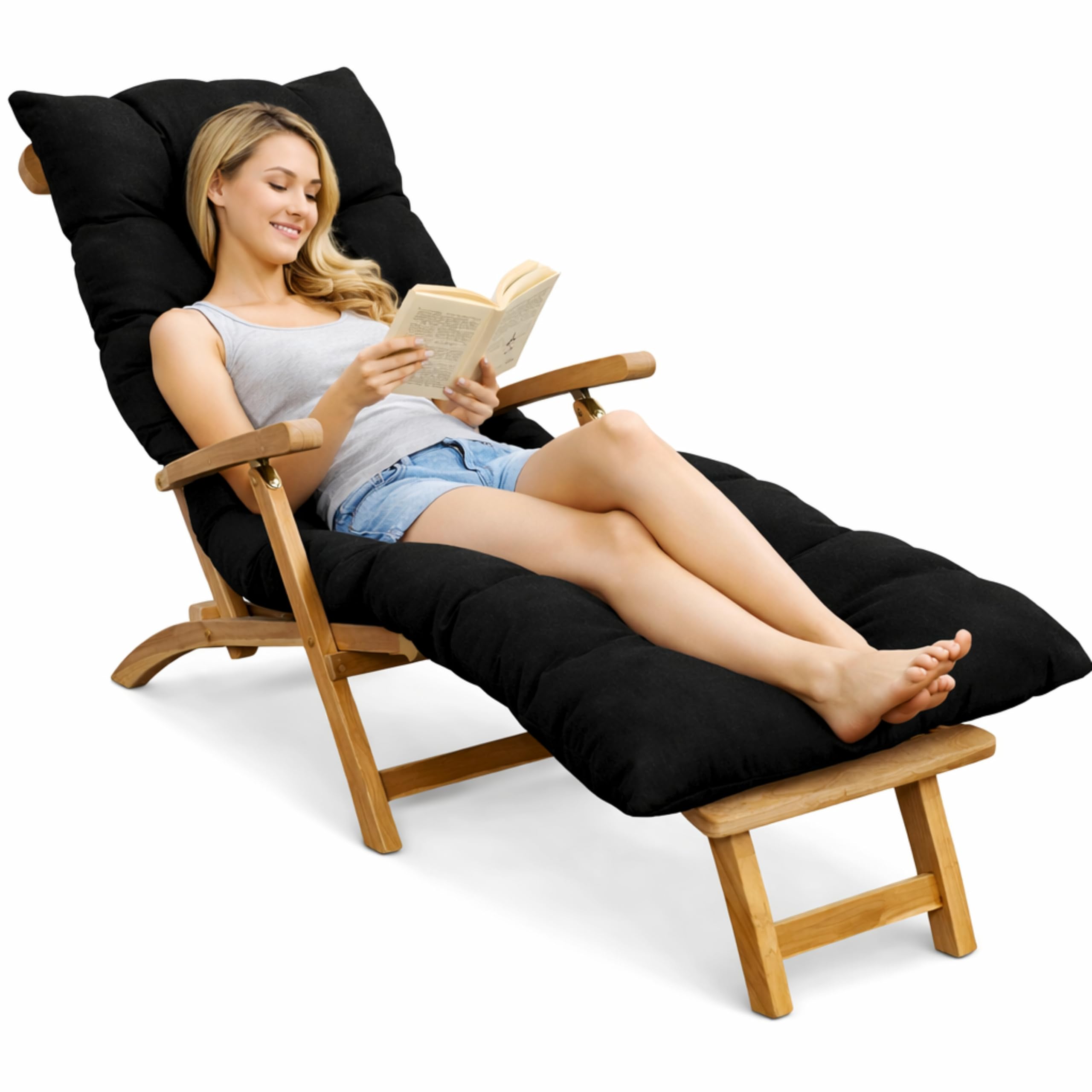 bananair - Sun Lounger Cushion Only - Thick, Comfortable, Quilted Design, Generously Foam Filled - Made in France - Sunbed Cushion for Garden Furniture, Easy to Install (185x60x15 cm, Black)