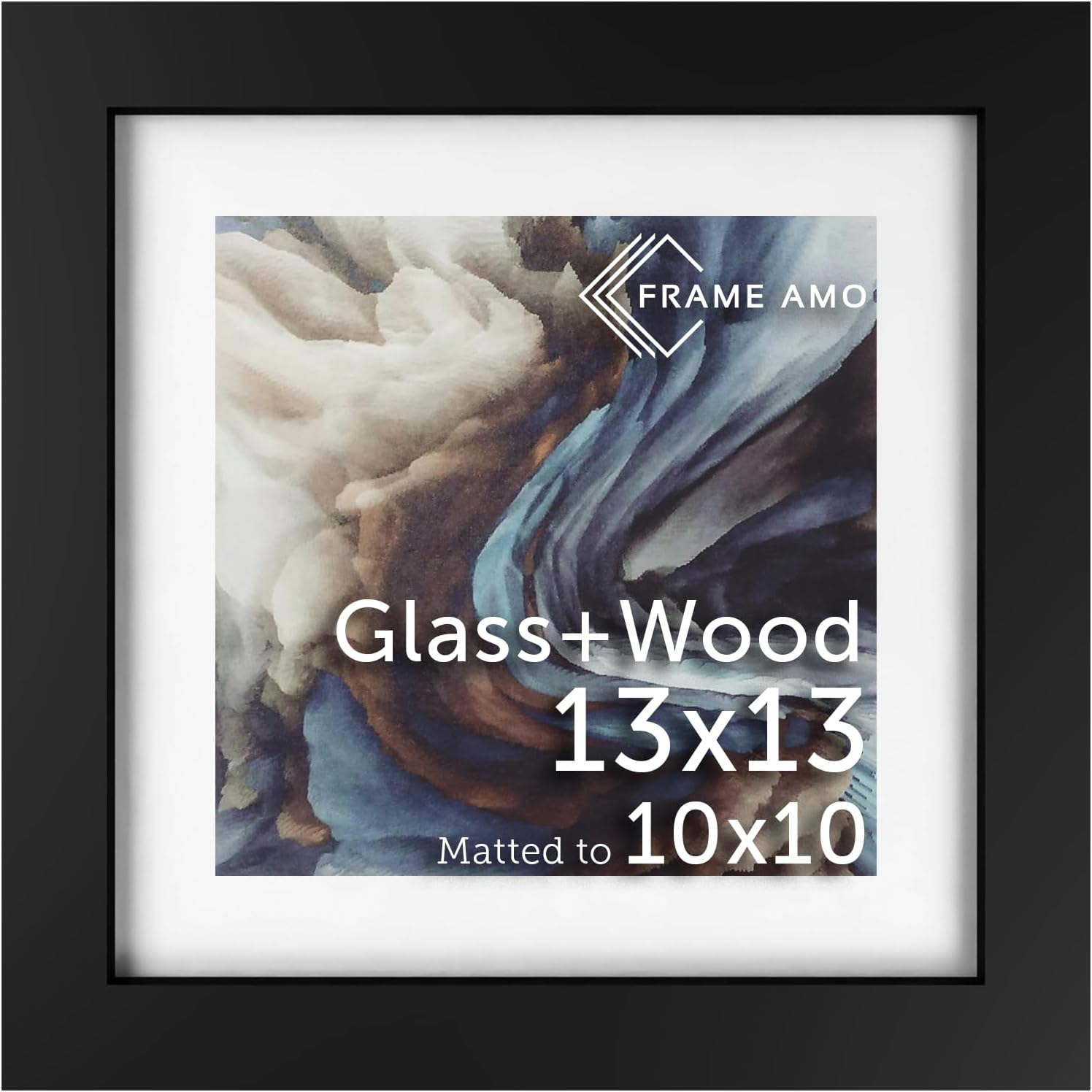 Frame Amo 13x13 Black Solid Wood Picture Frame, White Mat for 10x10 Image, Tempered Glass Front, 1.5 inch Wide, 1 inch Thick, High-End, Substantial, Gallery Grade & Acid-Free