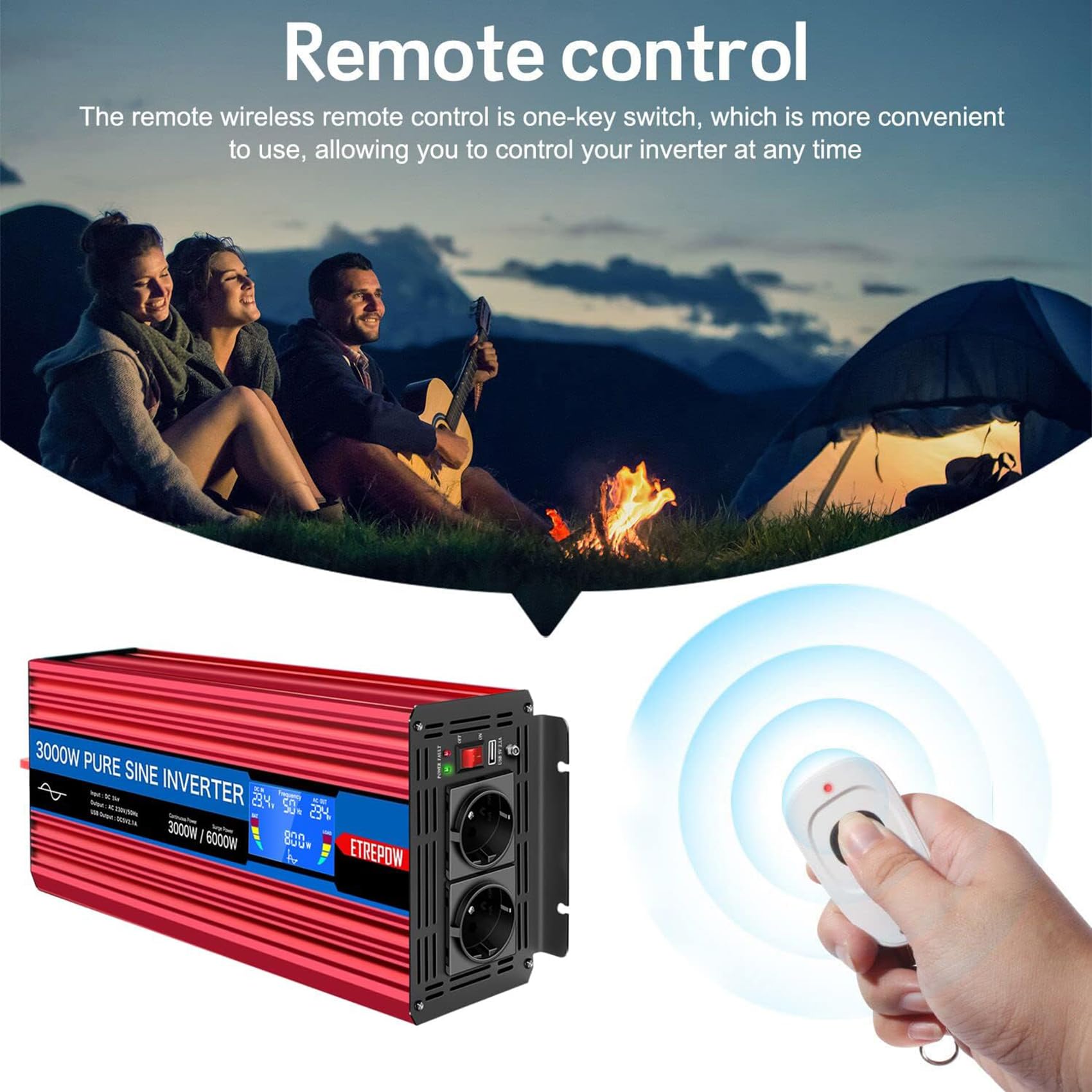 3000W convertisseur 24v 220v Pur Sinus transformateur-2 Prises EU AC et USB, télécommande sans Fil et écran LCD Onduleur pour Les systèmes Solaire, Voiture, Camping, Voyage