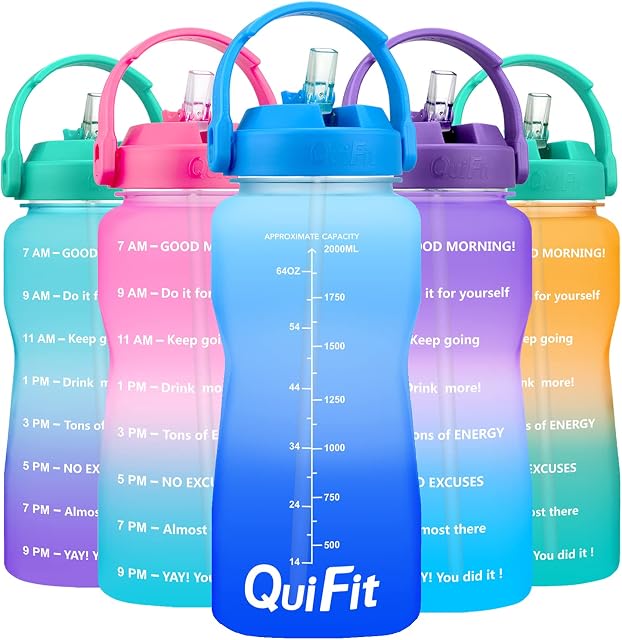 QuiFit 2 Litre Motivational Straw Water Bottle - with Time Marker,Wide Mouth BPA Free,Leak-Proof Durable,for Fitness Sport Outdoor Enthusiasts