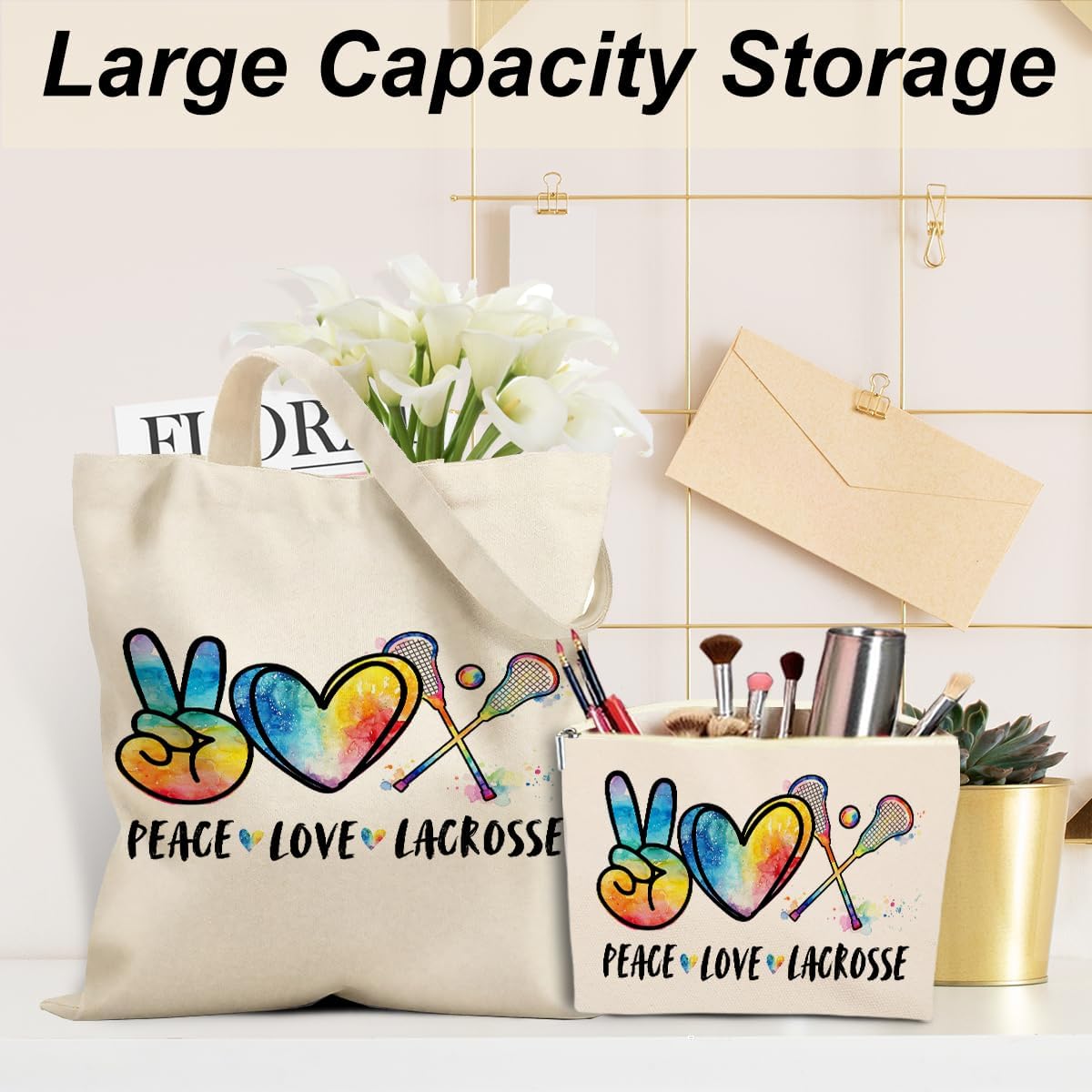Lacrosse Gifts for Lacrosse Moms Sports Players Team Friend Niece Sister Girls Bestie Coworker Birthday Christmas Friendship 2PCS Cosmetic Bags Canvas Tote Bag Beach Bag with Pocket Makeup Bags - Image 3