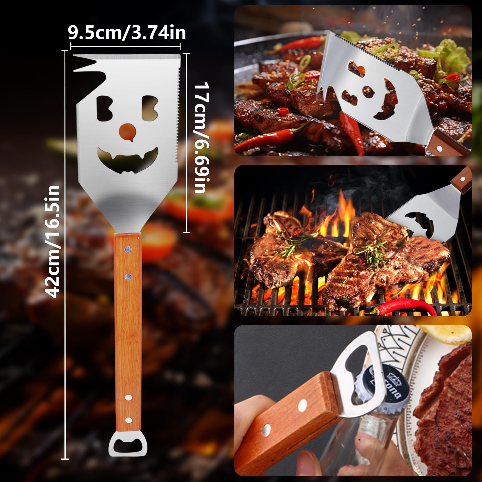 Spatule Barbecue 7 en 1, Ustensiles barbecue avec spatule, Accessoires de Barbecue Extra Longs, Meilleurs Cadeaux de Barbecue pour Hommes Uniques, Couverts de barbecue multifonctions avec manche
