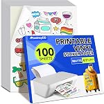 100 PCS Sticker Paper for Inkjet Printer, Printable Vinyl Sticker Paper Dries Quickly Vivid Colors, 8.5"x11" Tear Resistant Printable Vinyl, Glossy White, Inkjet & Laser Printer