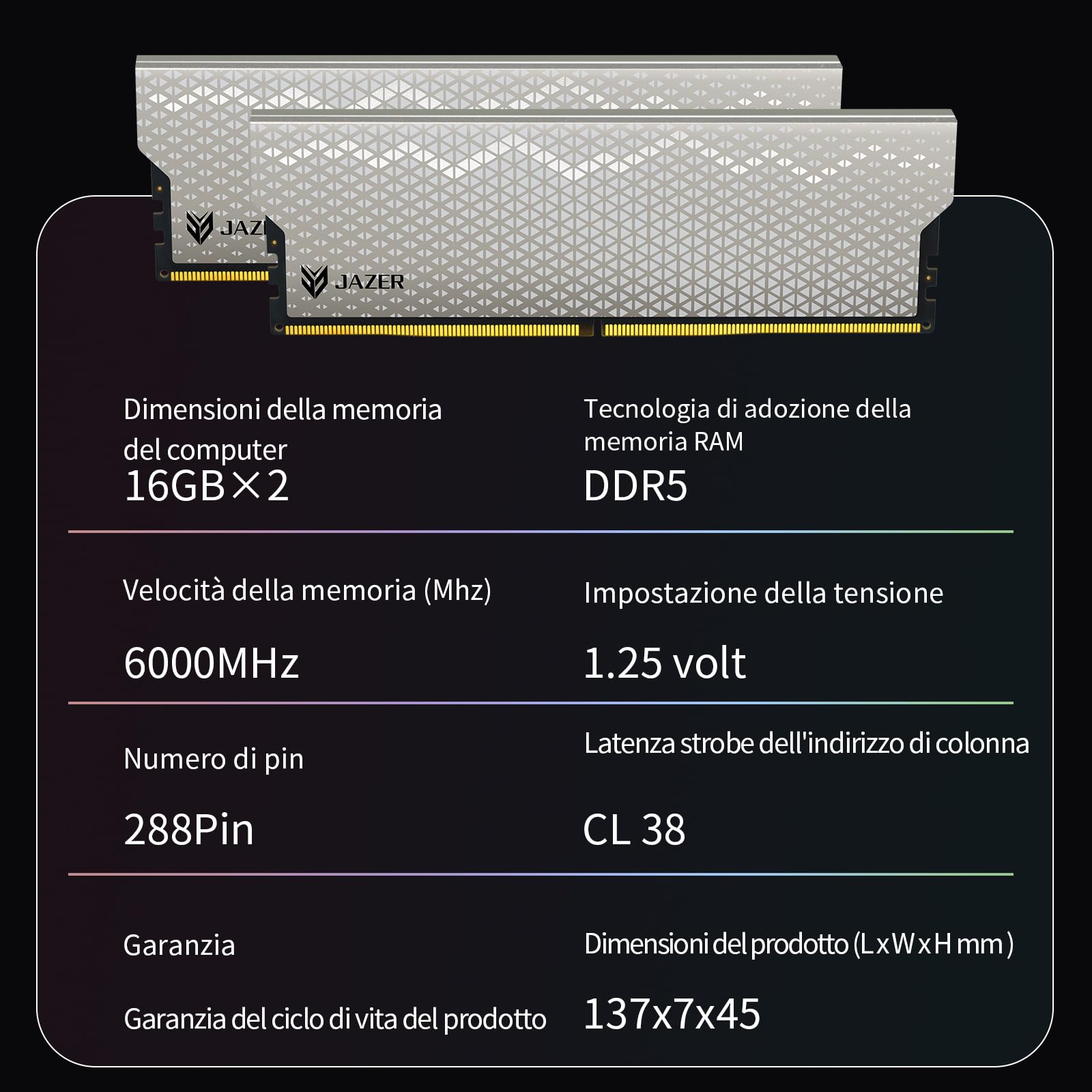 JAZER RAM DDR5 32GB Kit (2 x 16GB) 6000MHz CL36, Memoria Desktop per PC da Gioco, DIMM 288-Pins 1.35V