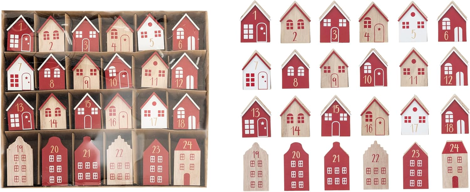 Creative Co-Op Wood Advent Calendar Houses, Red, White, and Natural, Set of 24